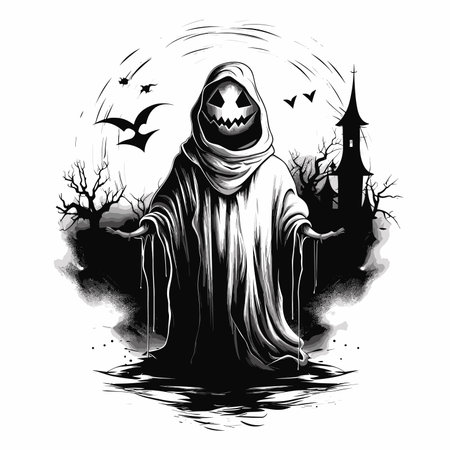Halloween illustration with ghost and castle on white background, vector illustrationのイラスト素材