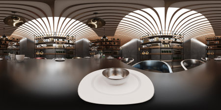 3D rendering of a restaurant interior with a coffee table and chairs