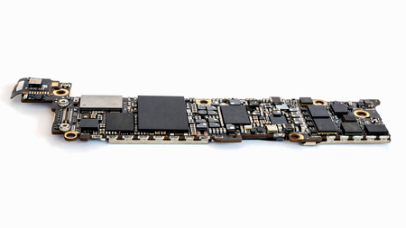 Smart phone circuit board isolate on white background, Selective Focus, Copy Space