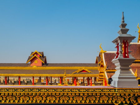 Roof Style of Thai Temple on Blue Sky Background in Northern Thailand, Copy Spaceの写真素材