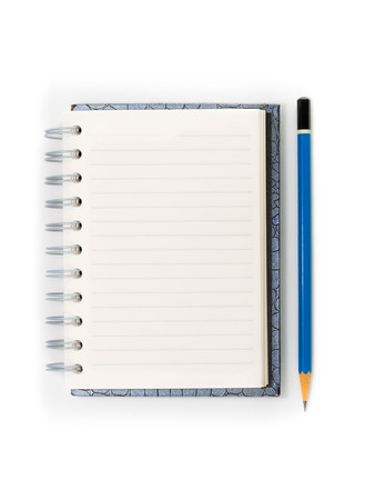 Top view blank spiral notebook and blue pencil isolated on white backgroundの写真素材