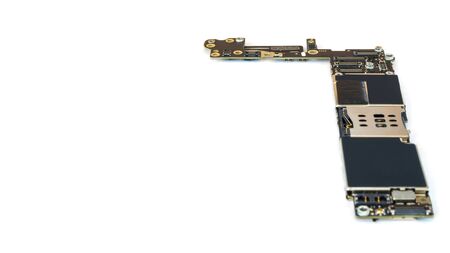 Smart phone circuit board isolate right side on white background, Selective Focus, Copy Spaceの写真素材