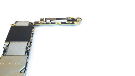 Smart phone circuit board isolate left side on white background, Selective Focus, Copy Spaceの写真素材
