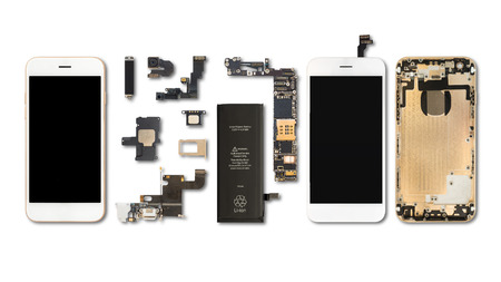 Flat Lay (Top view) of smartphone components isolate on white background with clipping path