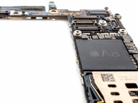 Chiang Rai, Thailand: April 8, 2017 - Close-up image of CPU IC chip on Apple iPhone 6 or iPhone 6plus logic board. Selective focus. Copy spaceのeditorial素材
