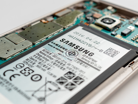 Chiangrai, Thailand: September 09, 2017 - Close-up image of inside disassembled broken Samsung S7...