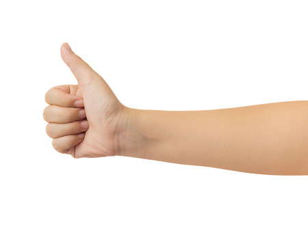 Human hand in showing one thumb up or like icon in trendy gesture isolate on white background with clipping path, High resolution and low contrast for retouch or graphic designの写真素材