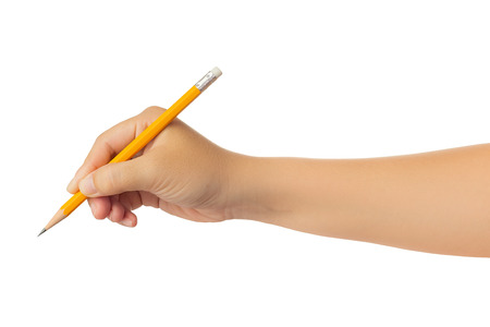 Human hand in reach out one's hand and writing, drawing or sketching with yellow pencil gesture isolate on white background with clipping path, Low contrast for retouch or graphic designの写真素材