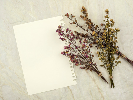 Top view of note pad paper with group of bouquet dried and wilted multiple color Gypsophila flowers on matt marble background for text, letter, message or verseの写真素材