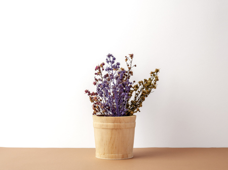 Group of bouquet dried and wilted multiple color Gypsophila flowers in wood bucket on brown floor and white backgroundの写真素材