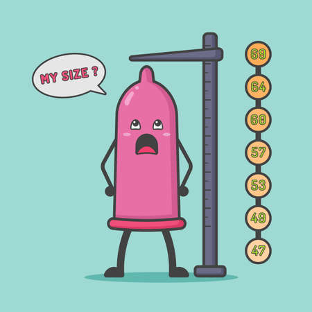 Illustration of cute and kawaii condom mascot character measuring size. Contraceptive device and sexually transmitted infection conceptのイラスト素材
