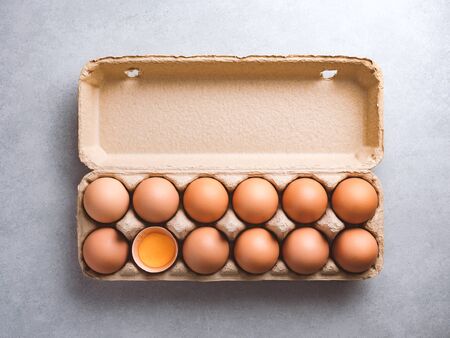 Top view and close up image of organic chicken eggs are one of the food ingredients on the...