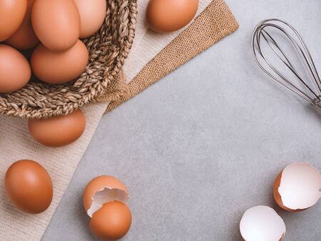 Top view and close up image of organic chicken eggs are one of the food ingredients on the...