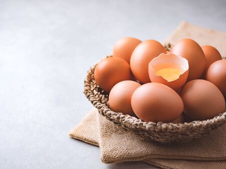 Close up image of organic chicken eggs are one of the food ingredients on the restaurant table in...
