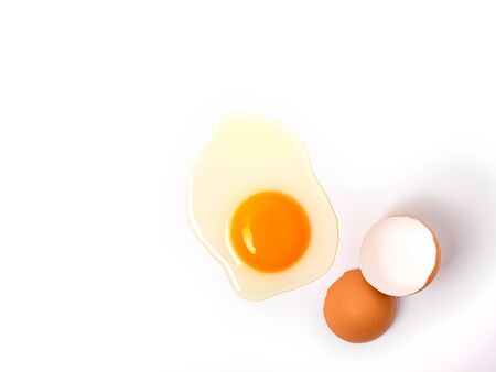 Top view and close up image of organic chicken eggs are one of the food ingredients with copy space...
