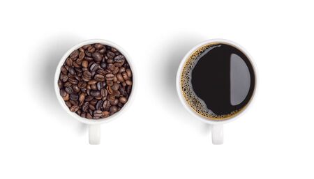 Close-up and top view of roasted coffee beans in white coffee cup and hot black coffee in white...