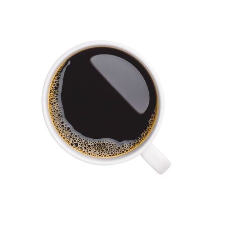 Close-up and top view of hot black coffee in white coffee cup isolated on white background.