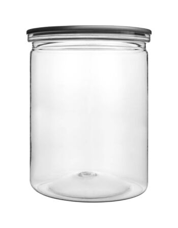 Empty transparent PET can jar for canning and preserving isolated on white background.の写真素材