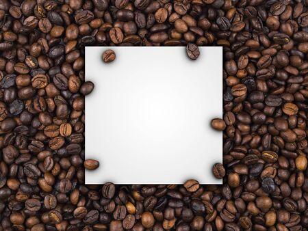 Closeup of empty white label paper on heap of roasted coffee beans for use as coffee web banner, coffee shop sign or cafe.の写真素材