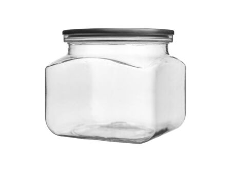 Empty transparent PET can jar for canning and preserving isolated on white background.の写真素材