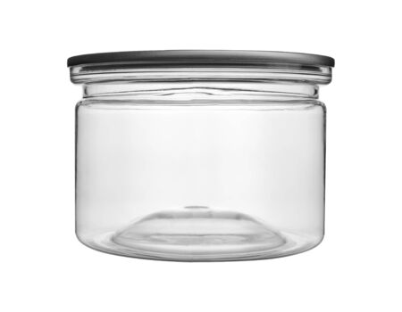 Empty transparent PET can jar for canning and preserving isolated on white background.の写真素材