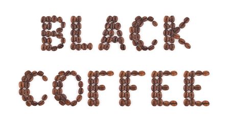 High resolution roasted coffee beans arranged in letters on white background for coffee menus or coffee shop signsの写真素材