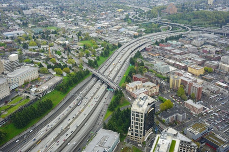 an aerial view of city with highway at seattleの写真素材