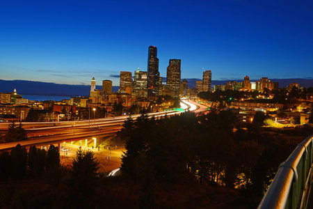 seattle with highway at eveningの写真素材
