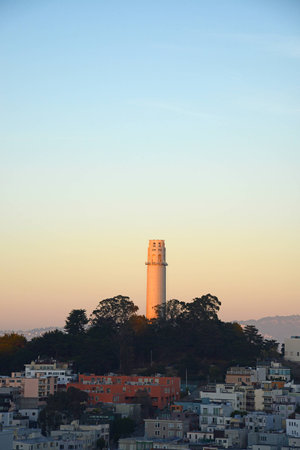 coit tower with sun light during sunsetの写真素材