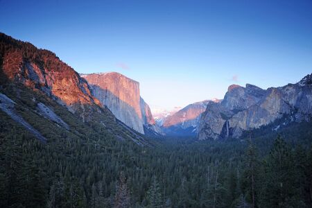 sunset at a tunnel view at yosemite national parkの写真素材