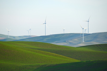 wind mill on green wheat farm hill in palouse, washington