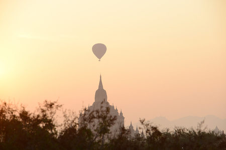 hot air balloon with pagoda in baganの写真素材