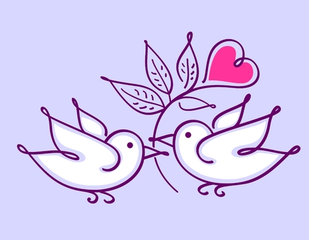 Pair of lovebirds with heart flower isolated on violet background. Wedding card / valentine card.のイラスト素材