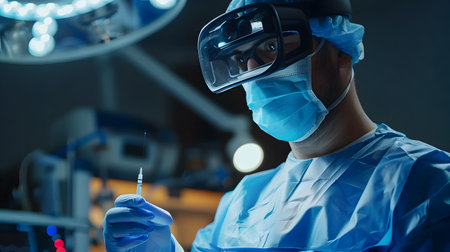 A surgeon is performing a medical procedure wearing virtual reality glasses and using advanced technology to enhance precision and safetyの素材