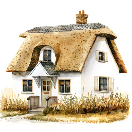 A beautiful and highly detailed watercolor illustration of a thatched roof cottage in a realistic and naturalistic style perfect for any rustic or country-themed projectの素材