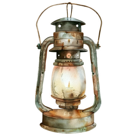 Beautifully illustrated antique white metal lantern with a realistic watercolor style perfect for adding a touch of vintage charm to your home decorの素材