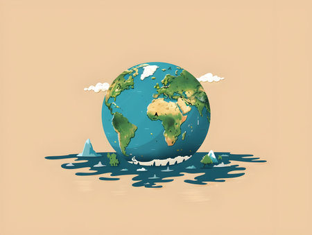 This stylized illustration of planet earth showcases the oceanic water and ice in a unique beige color palette highlighting the planets natural water resources in a satirical and quirky mannerの素材