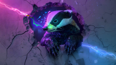A photorealistic surreal illustration of a badger poking through a colorful light wall in the style of surrealism art The badger is in neon purple light and peeking out of a hole with lightning in the background A great choice for animal lovers and hの素材