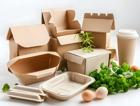 A creative and eco-friendly way to store fresh vegetables and eggs using stacked cardboard containers in an organic designの素材