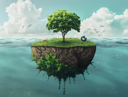 An original and unique conceptual art piece featuring a tree placed on a large island in the ocean in the style of surreal fantasy and environmental awareness The tree is seen floating underwater with its roots extending towards the surface creatingの素材