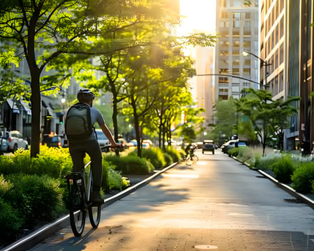 A man is riding his bicycle through a city with high buildings in a nature-inspired style perfect for urban and contemporary designsの素材