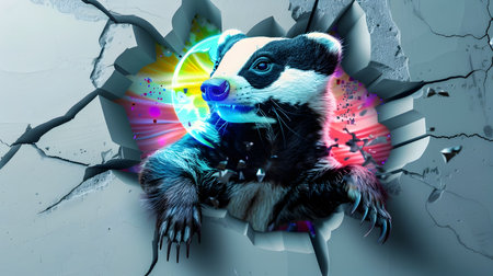 A badger is breaking into a glass door in the style of psychedelic surrealism with a postmodern photomontage touch with neon lightの素材