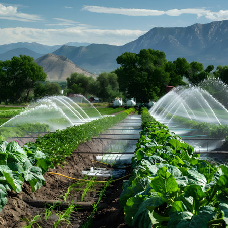 A person can be seen watering a grow out vegetable garden with mountains in the background in the style of water and land fusion This image showcases the beauty of nature and the importance of water conservation in agricultureの素材