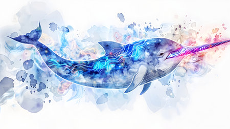 A digital art design of a bright blue and white dolphin in the style of colorful storytelling featuring contrasting styles and imaginative elementsの素材
