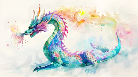 Bring a touch of fantasy and color to your space with this beautiful dragon painting in a watercolor style perfect as a wall background for interior designの素材