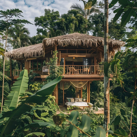 Take a break in this traditional yet reimagined tree house eco retreat located in the heart of the exotic Bali jungle Surrounded by lush foliage this soft and dreamy hideaway is the perfect place to unwind and connect with natureの素材