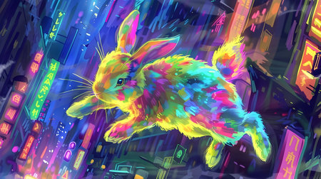A digital illustration of a neon rabbit in vibrant colors flying through a city scene in the style of radiant neon patterns This unique and modern artwork is perfect for adding a pop of color and creativity to any design projectの素材