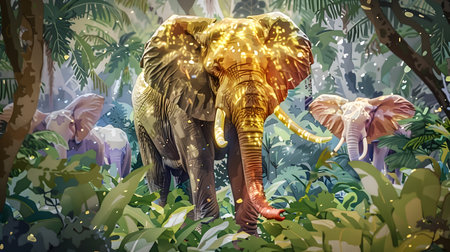 Immerse in the beauty of nature with this stunning digital art of majestic elephants walking through a lush green jungle one of them carrying a teddy bear The light and color effects bring the jungle to lifeの素材