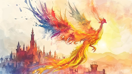 A beautiful painting of a phoenix in flight over a city done in a colorful and intricate style with a touch of fantasy and watercolorの素材