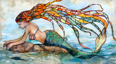 A beautiful and whimsical watercolor painting of a mermaid in a stained glass style resting on a rock in the ocean The mermaids hair is made of cascading strands of multicolored stained glass and the painting features a colorful and dreamlike underwaの素材